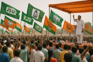Election rally in Parbatta during Bihar Assembly Election 2025 with party flags and candidates on stage
