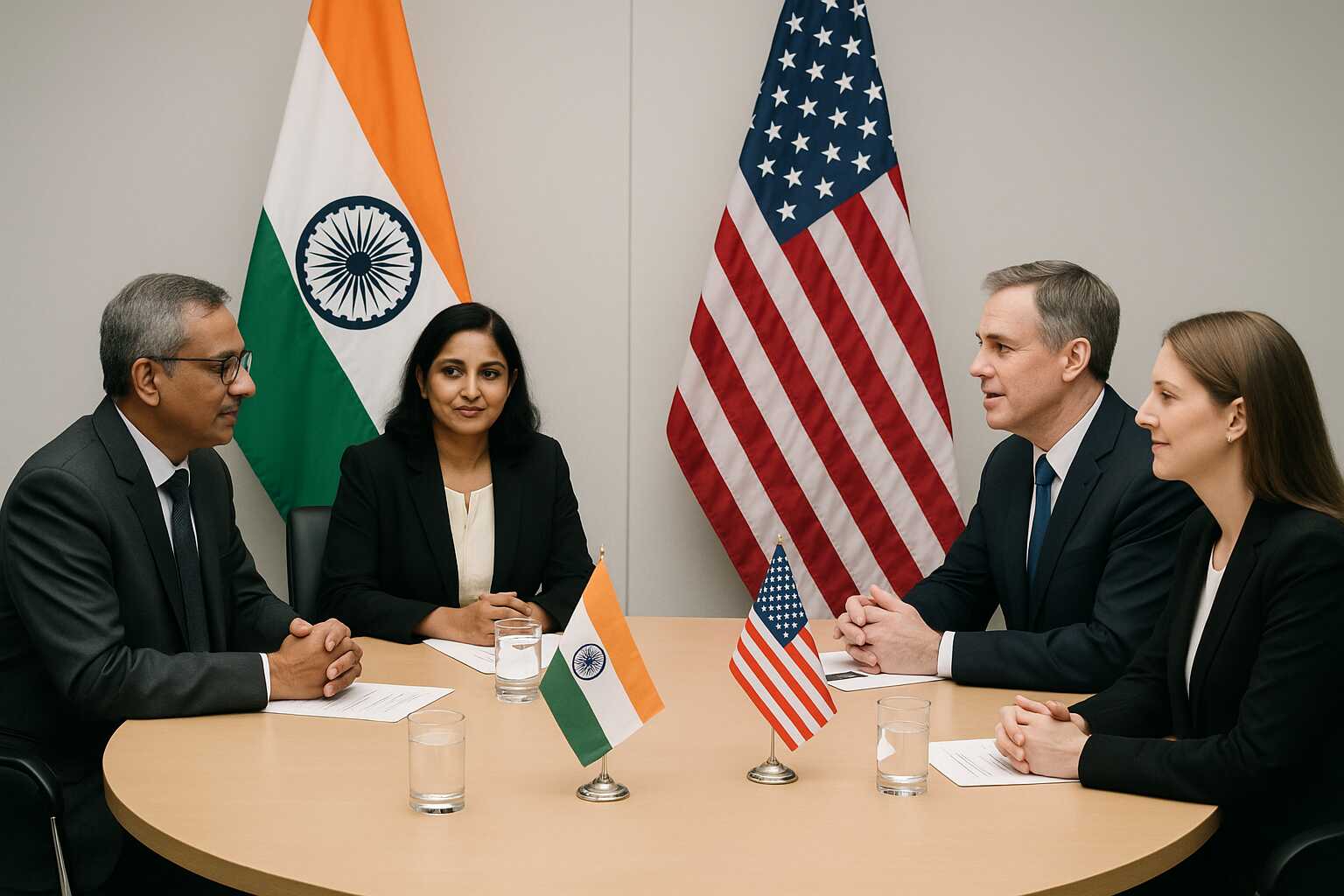 Indian and US trade officials shaking hands during bilateral trade meeting after Trump tariffs