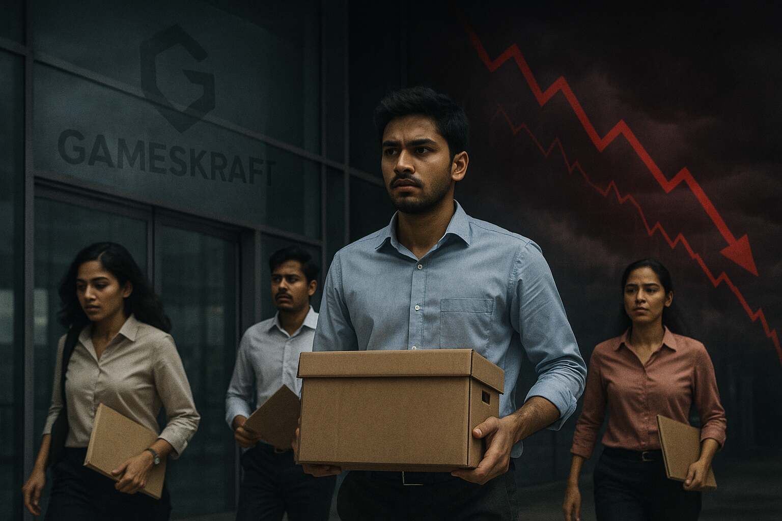 Gameskraft employees walking out with boxes after layoffs amid India’s online gaming ban crisis