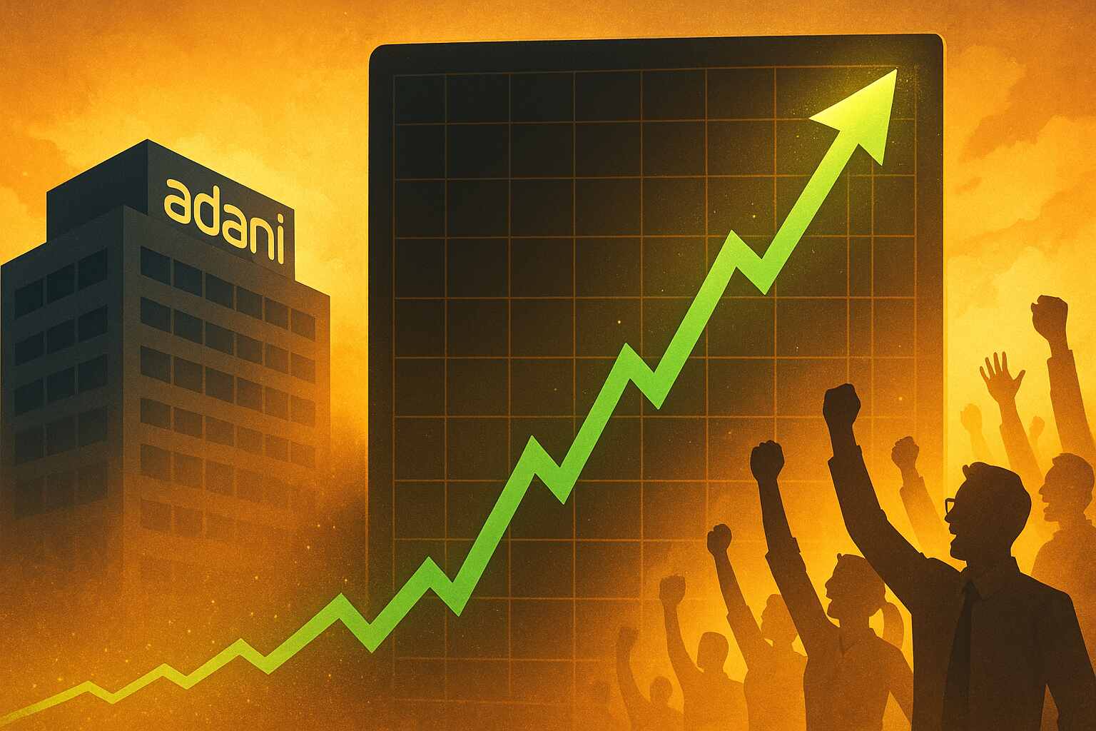 Adani Group headquarters building with investor rally symbol
