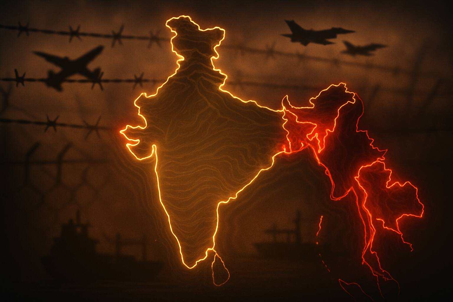 Indian border map with flags of Pakistan, Nepal, Bangladesh, Bhutan, and China symbolizing regional tensions