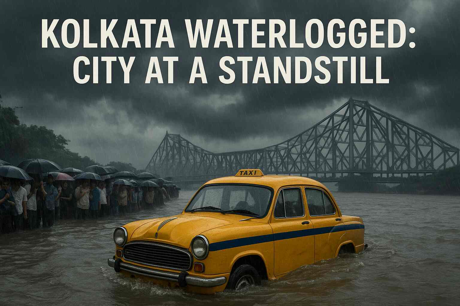A yellow taxi half-submerged in water