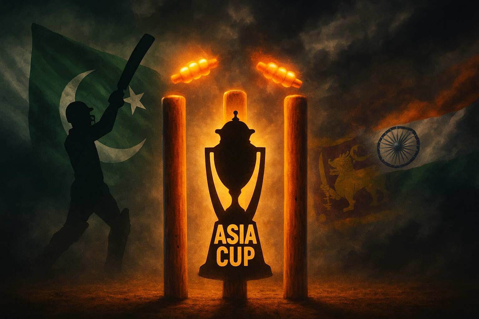 Asia Cup trophy with India, Pakistan, and Sri Lanka flags in background