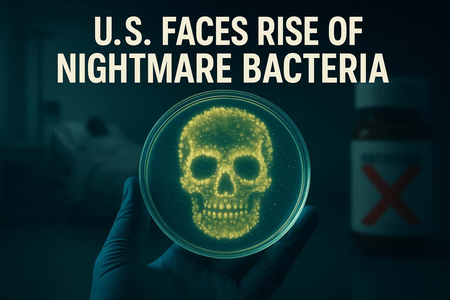 Petri dish glowing with bacteria shaped like a skull, symbolizing antibiotic resistance.