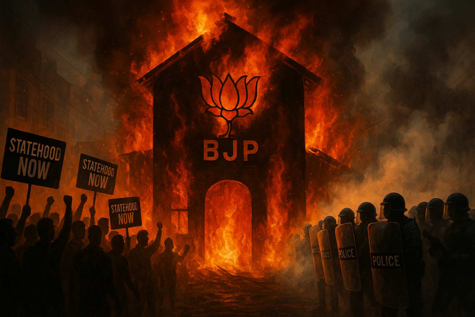 Burning BJP office in Leh with protesters and riot police amid Ladakh statehood clashes.