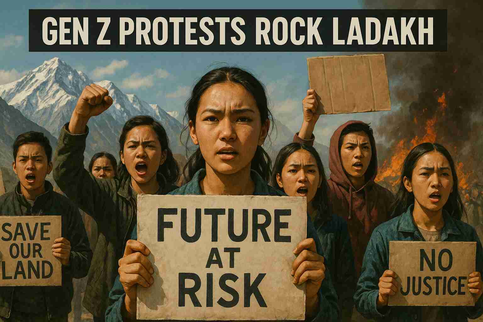 Young protesters in Leh, Ladakh hold placards demanding statehood and safeguards, with moutains and protest smoke in background.