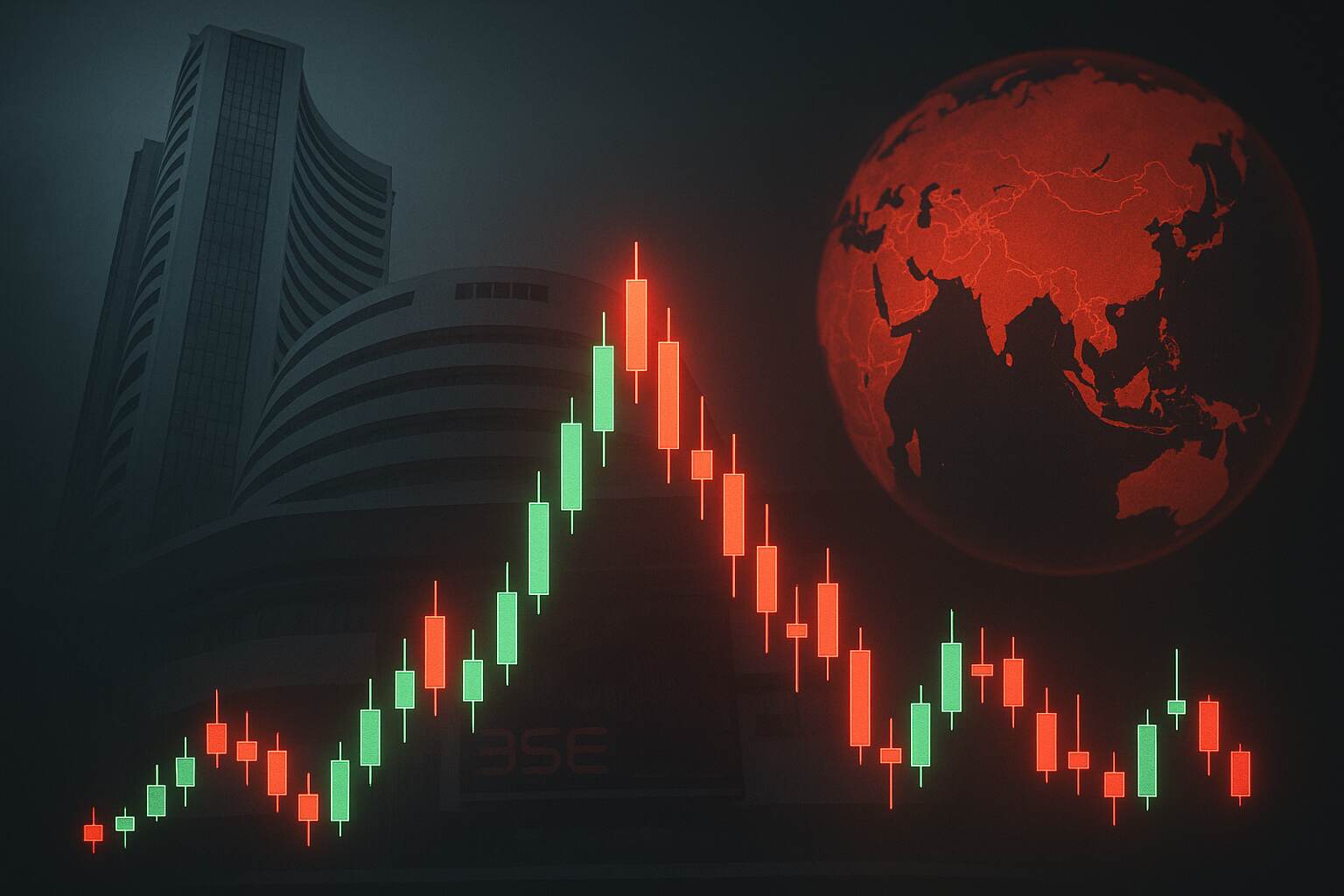 Stock market chart with BSE building and global cues showing volatility in Nifty 50 and Sensex