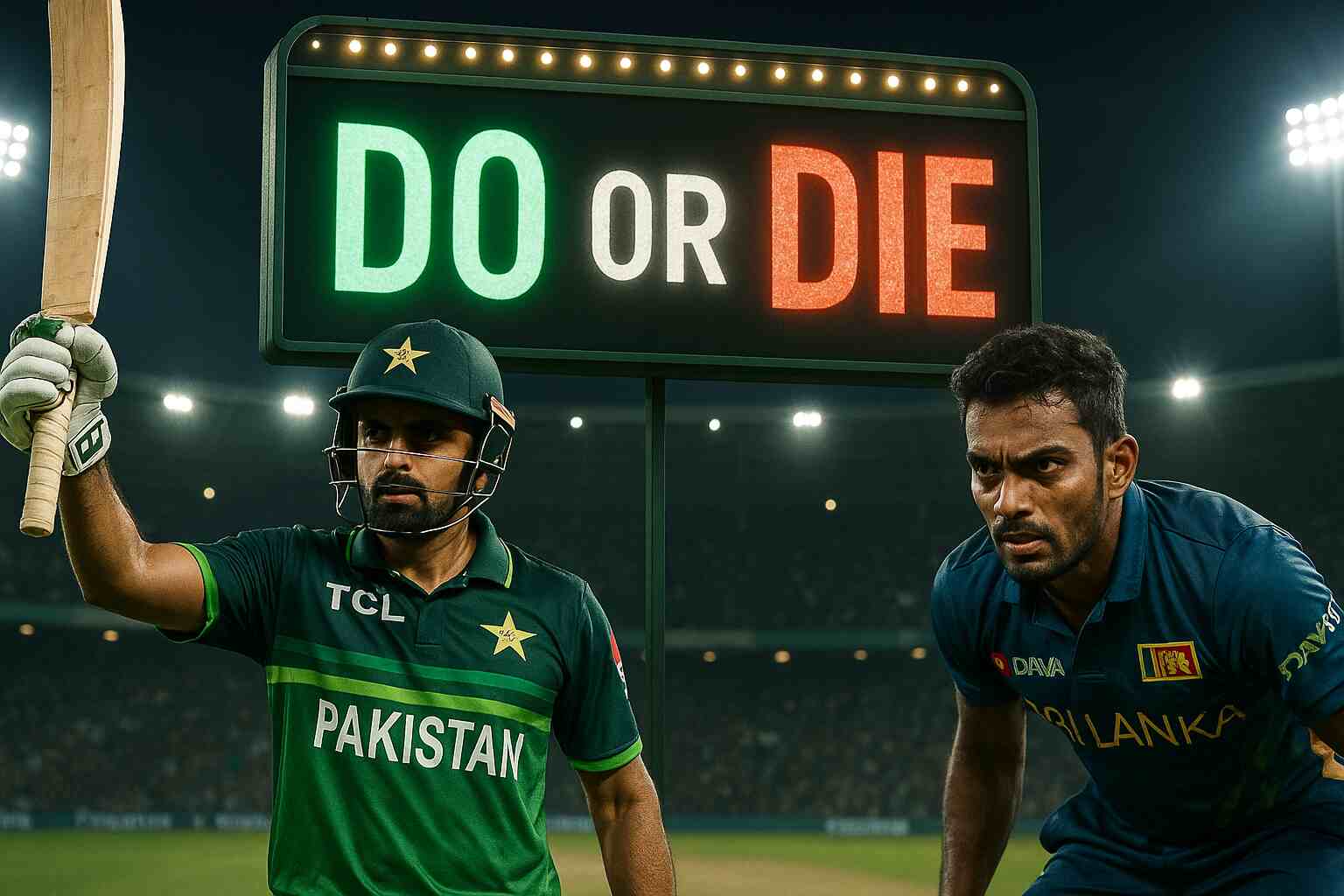 Pakistan vs Sri Lanka Asia Cup 2025 qualification battle, scoreboard showing “Do or Die” with players in action under stadium lights