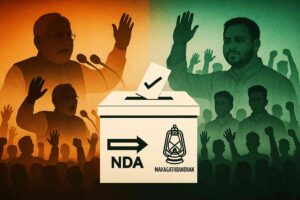 Ballot box with NDA and Mahagathbandhan symbols, Nitish-Modi on left, Tejashwi Yadav with youth on right, symbolizing Bihar election battle.