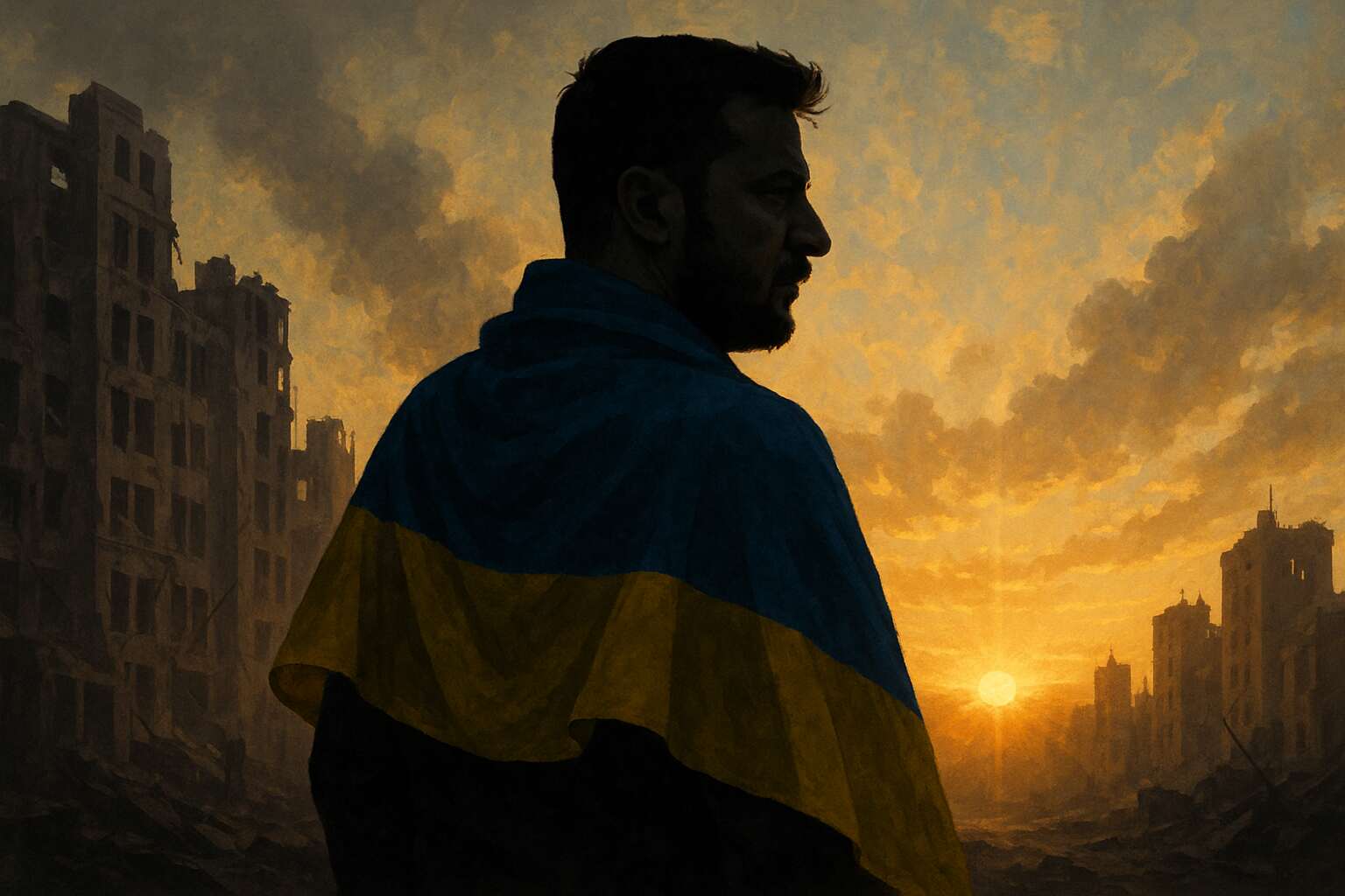 Zelenskyy speaking in front of the Ukrainian flag during a press conference