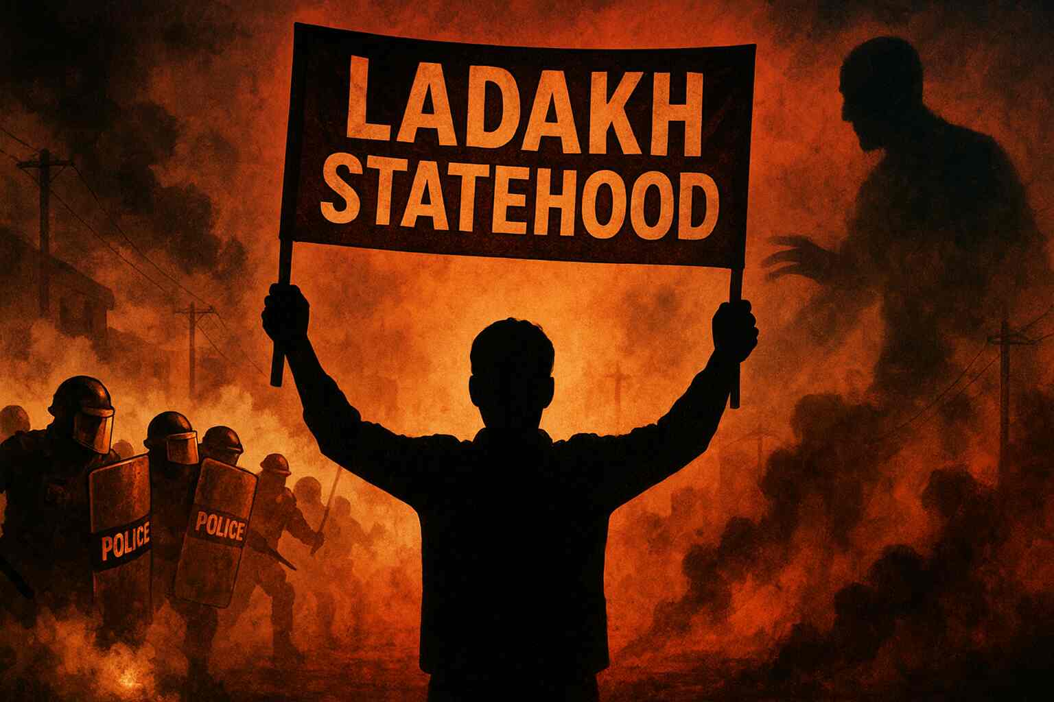 Ladakh police chief addressing media on protest violence.