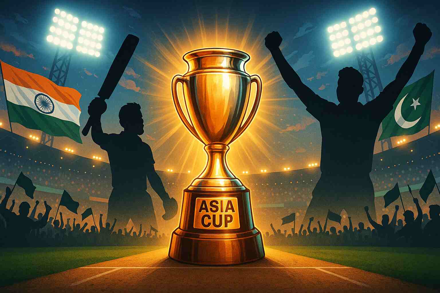 India and Pakistan captains posing with the Asia Cup trophy in Dubai.