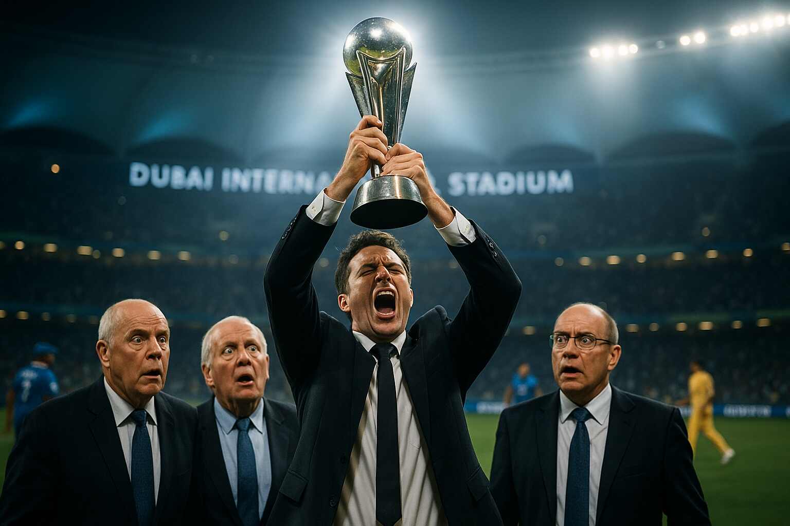 Asia Cup 2025 trophy on presentation stage during India vs Pakistan final in Dubai.