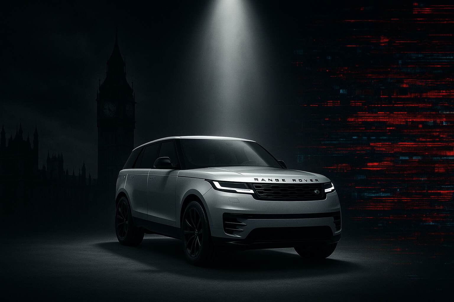 Range Rover models lined up in a showroom after cyberattack disruption.