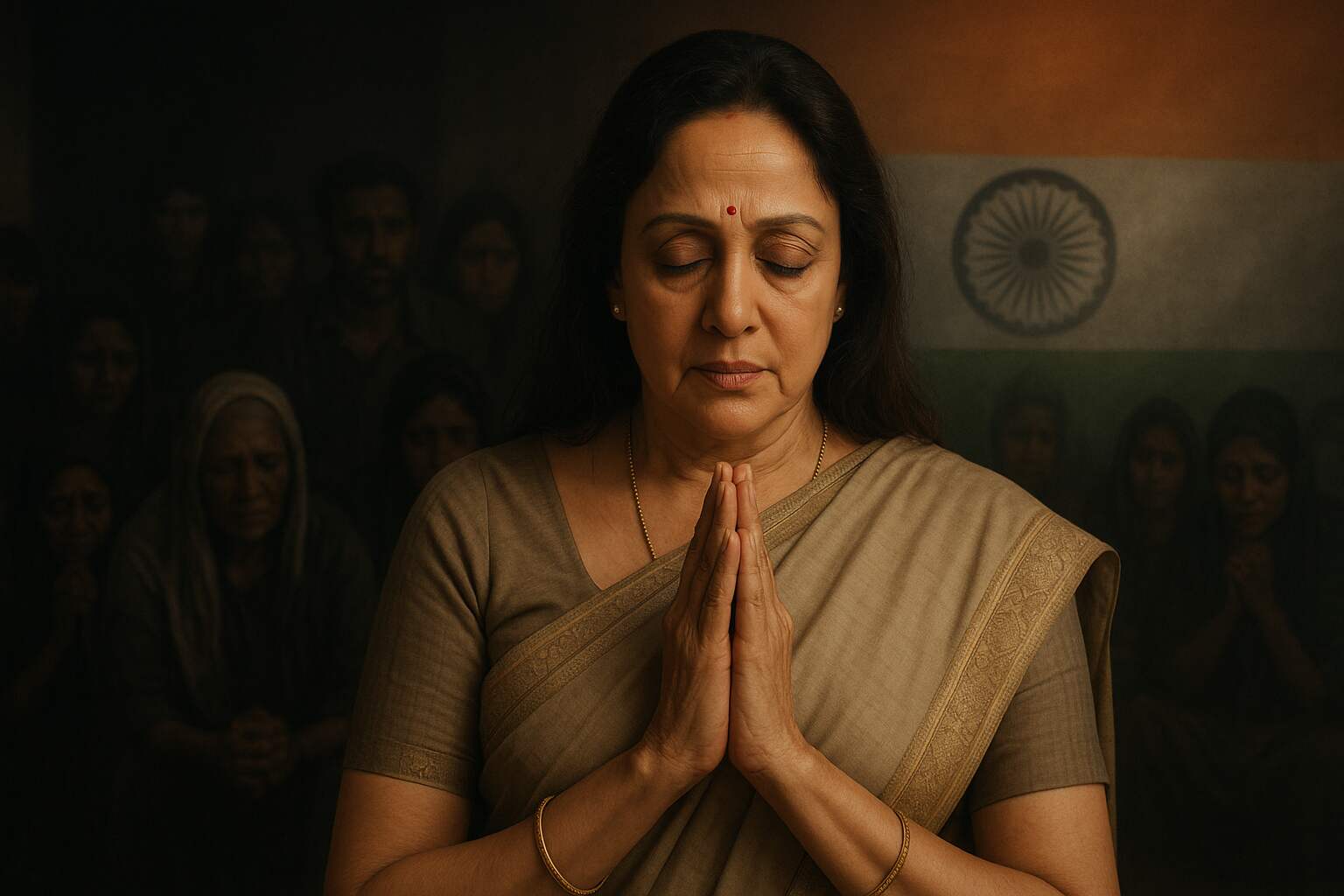 Hema Malini addressing media during an NDA visit.