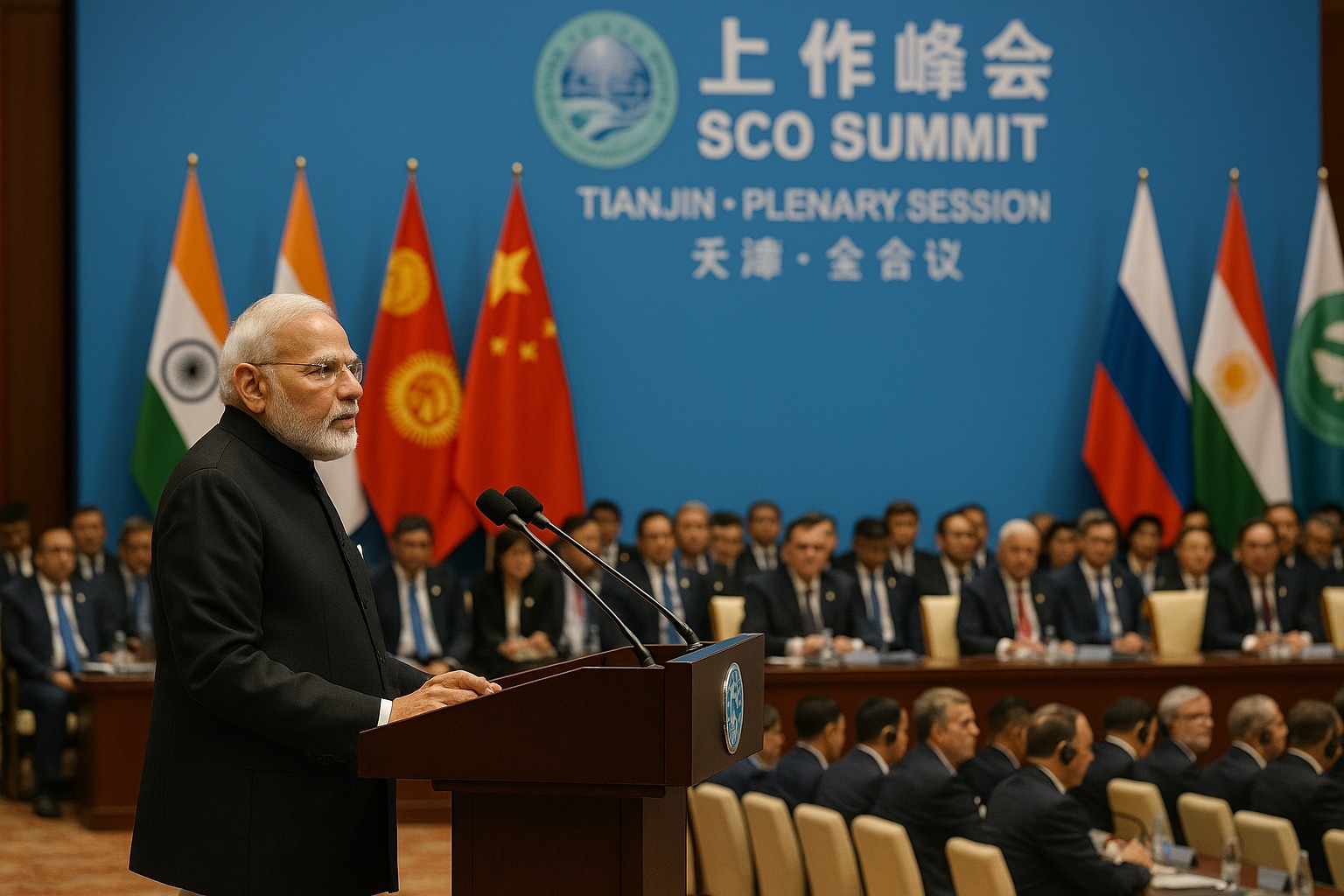 Prime Minister Narendra Modi delivering speech at the SCO plenary session in Tianjin, with flags of member nations and delegates in the background.