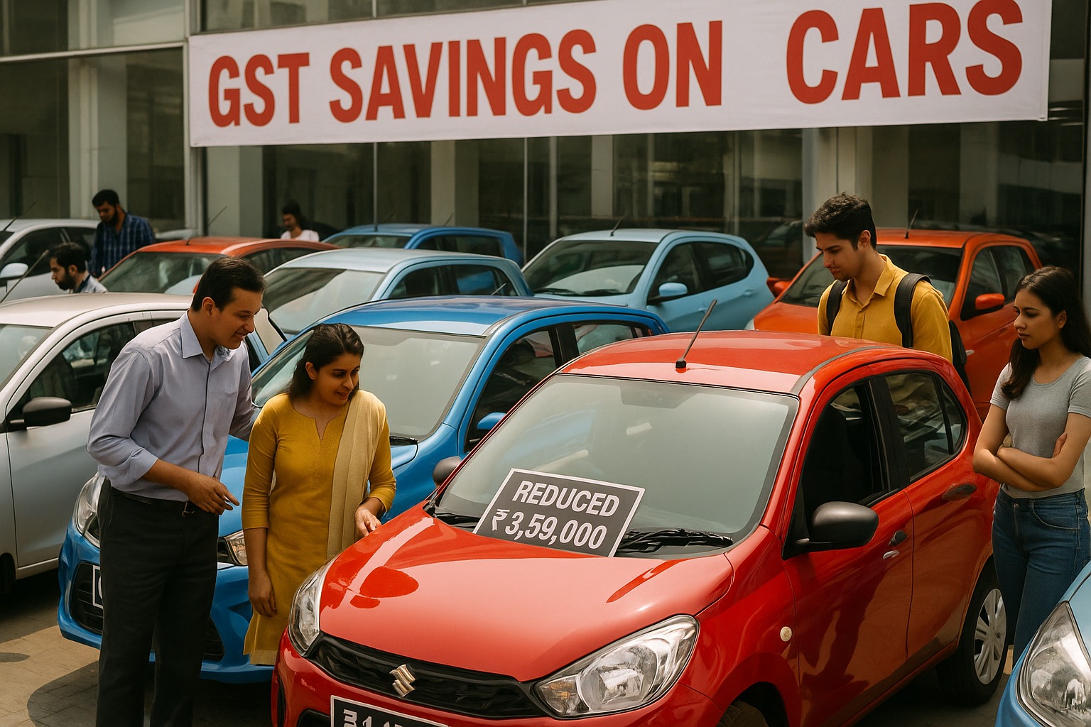 Rows of small hatchback cars lined up at a dealership in India with price tags showing discounts after GST cuts