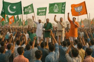 Campaign rally in Baisi constituency during Bihar Assembly Election 2025, with party flags of AIMIM, RJD, JD(U), and BJP visible among a large crowd