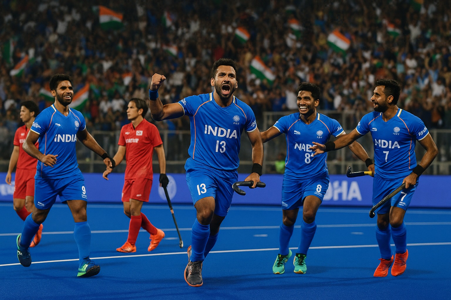 Indian hockey captain Harmanpreet Singh celebrating after scoring against Japan in the Asia Cup, with teammates running toward him in joy.