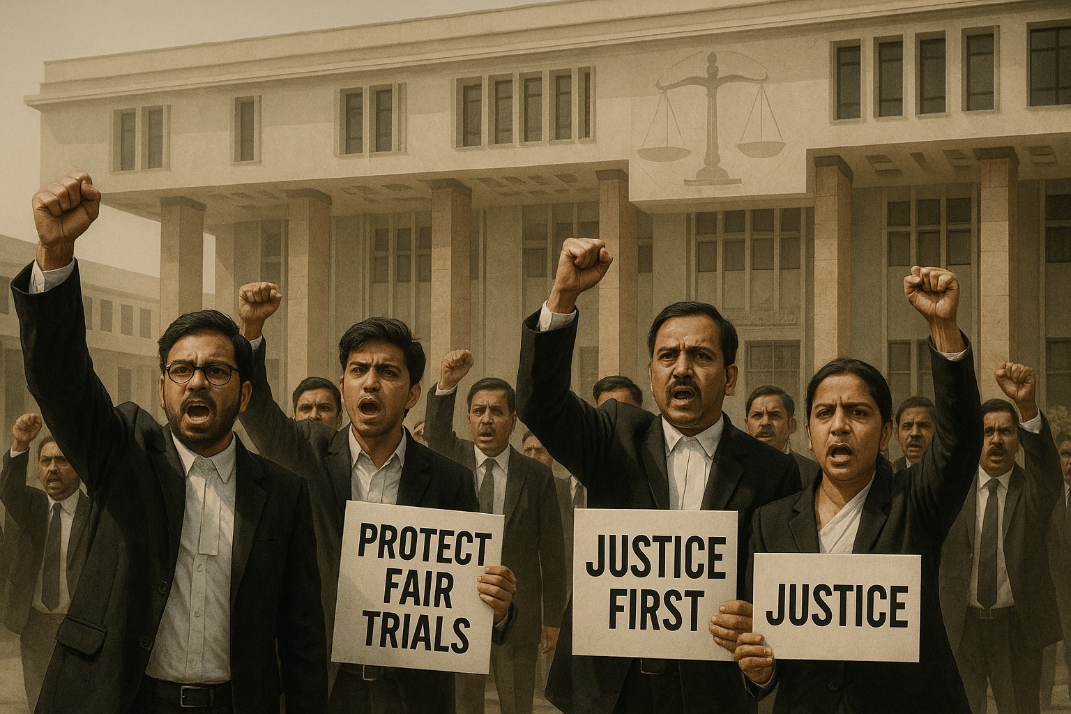 Delhi lawyers protesting outside a court complex, holding placards defending fair trial rights and judicial independence