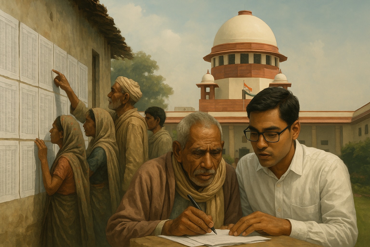 Supreme Court of India building with a symbolic overlay of Bihar voters lining up to check their names on an electoral roll