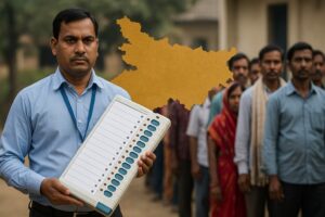 Polling officials carrying EVMs during Indian state election