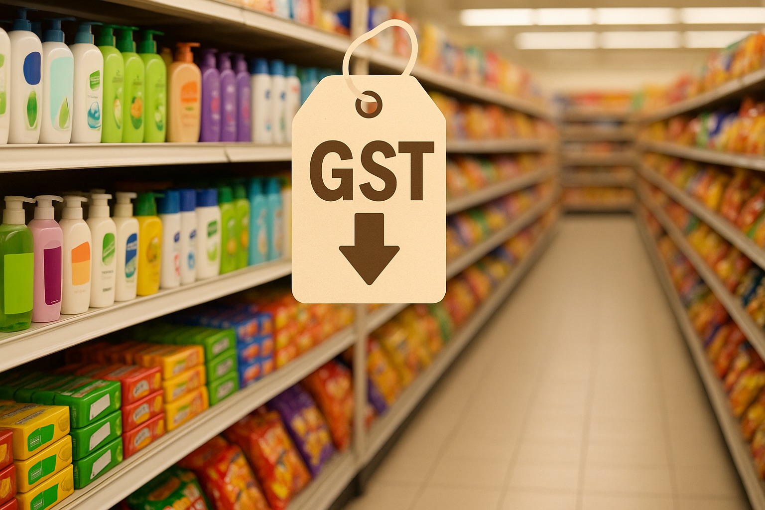 Supermarket shelf stocked with FMCG products like shampoo and soap