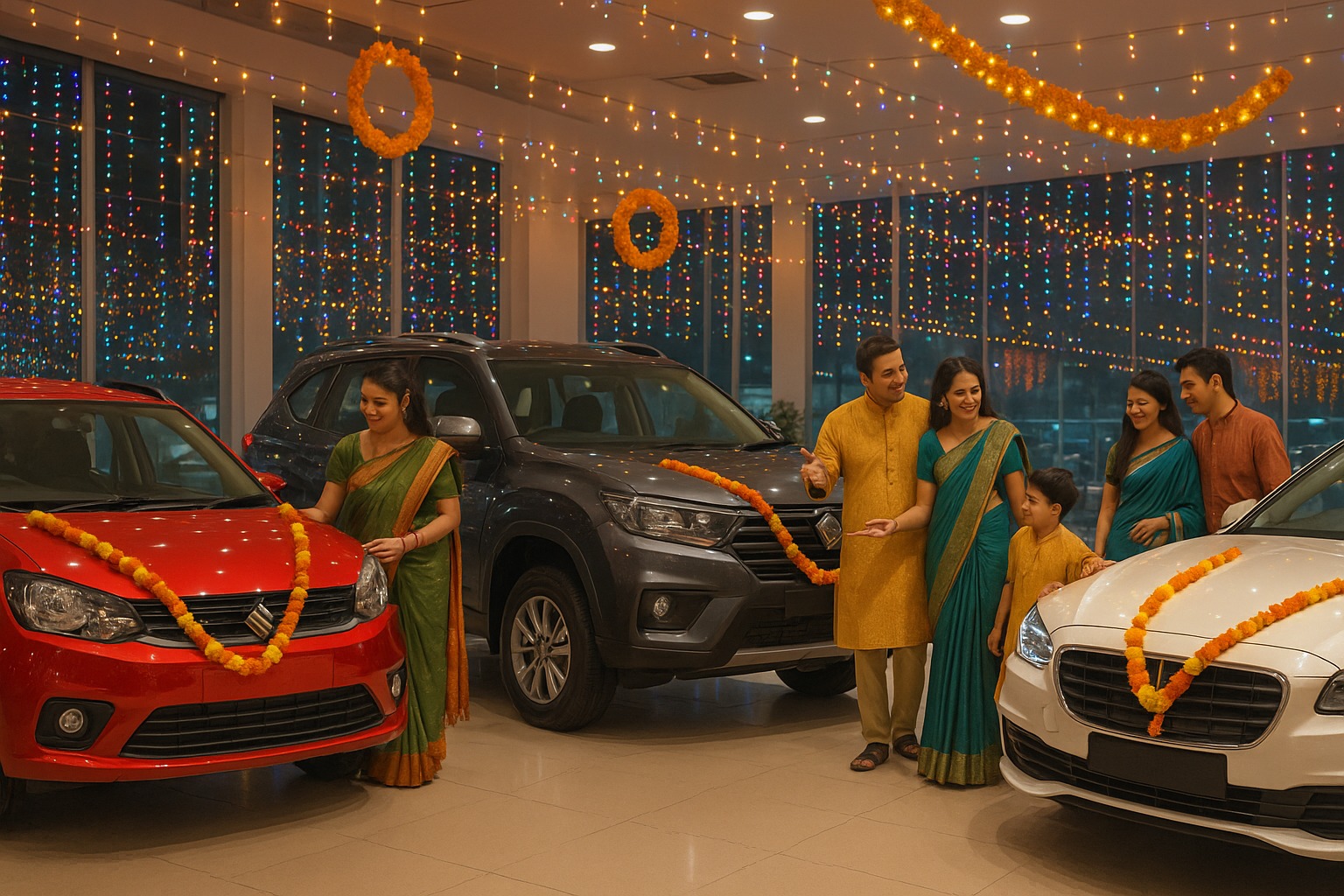 Customers exploring cars at a showroom during Diwali season