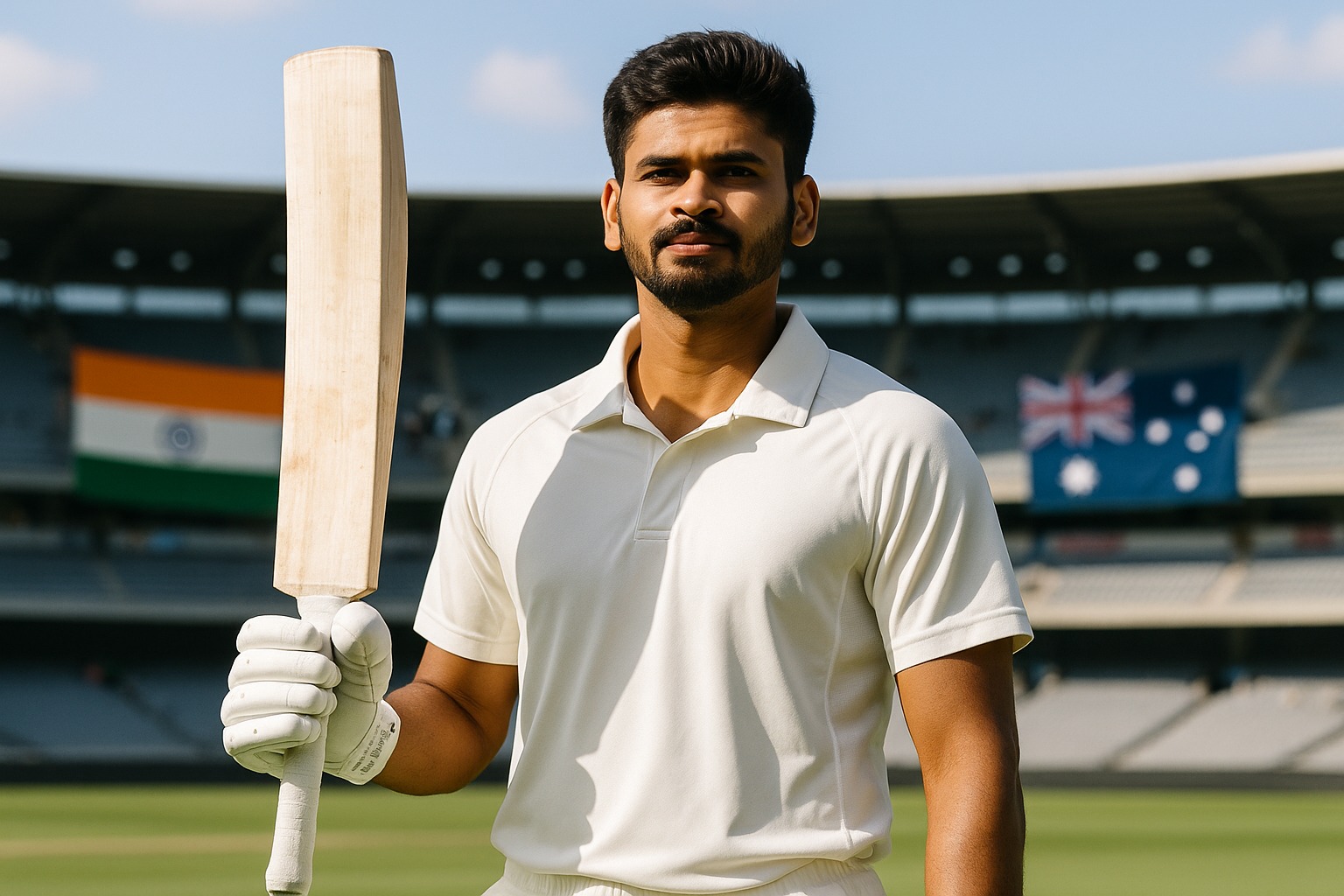 Shreyas Iyer walking onto field in cricket whites