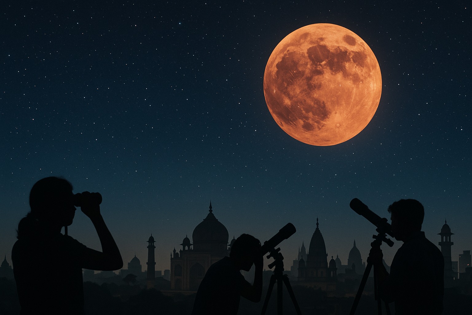 Red-hued blood moon during total lunar eclipse over India