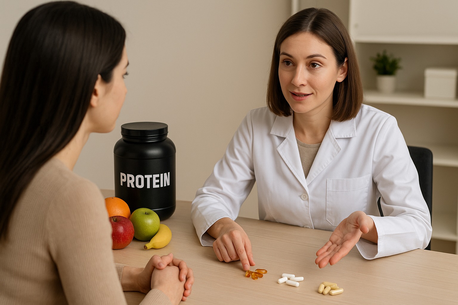 Nutritionist explaining supplement chart to young patient