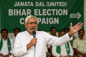 Nitish Kumar addressing JDU workers during Bihar election campaign