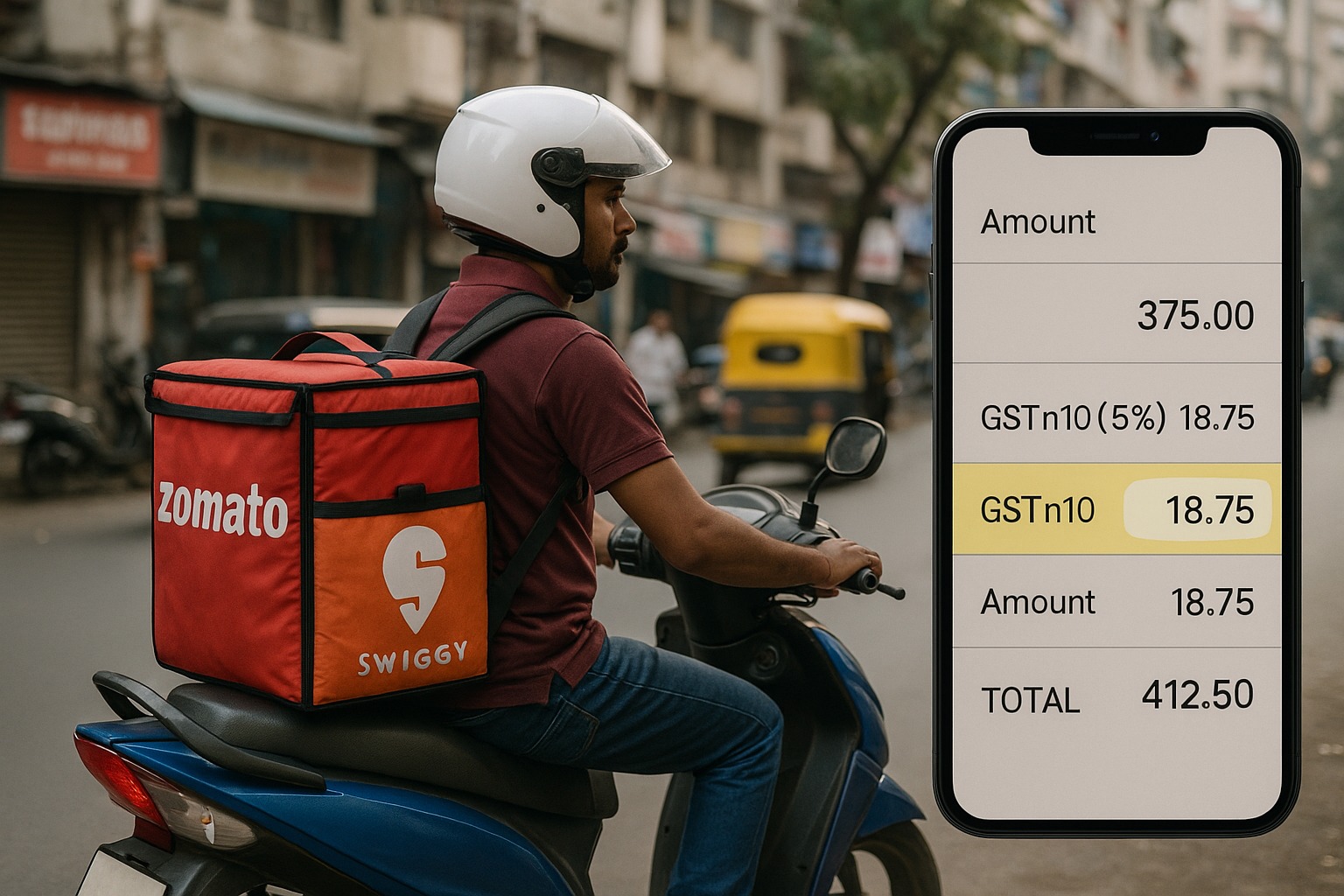 Delivery rider on scooter carrying Zomato and Swiggy bags