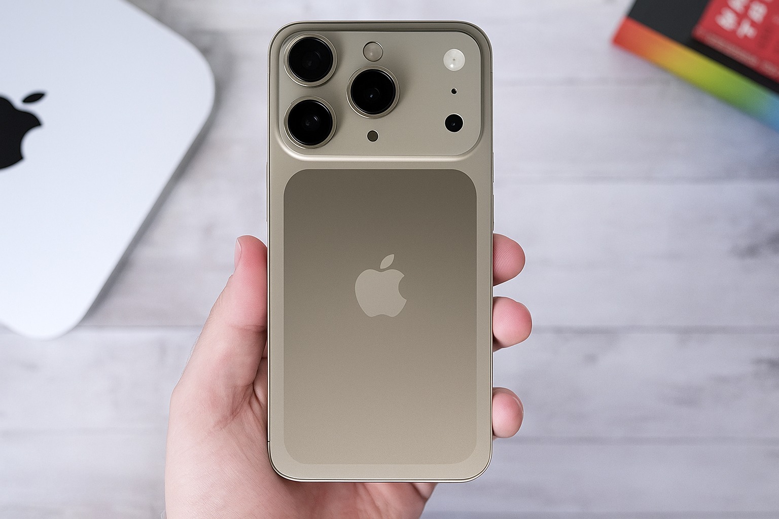 Close-up of iPhone with triple-camera setup on back