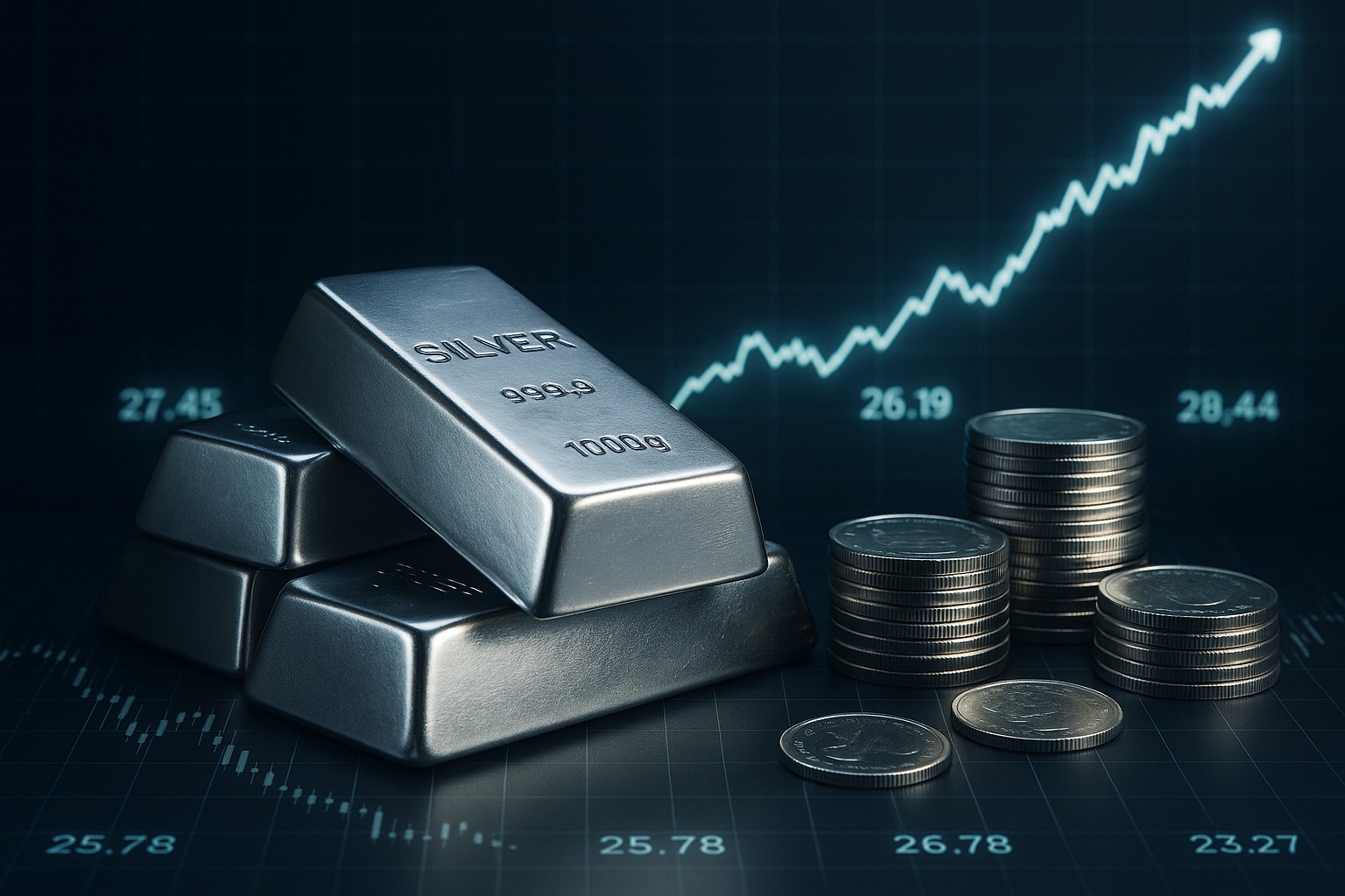 Silver coins and bars displayed with rising market trend background