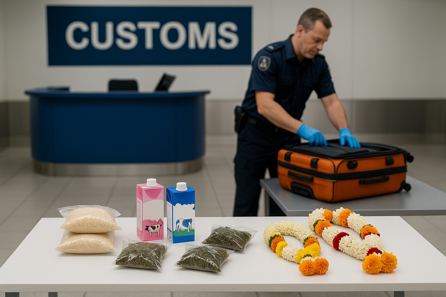 Confiscated rice, tea, and dairy items at airport customs desk