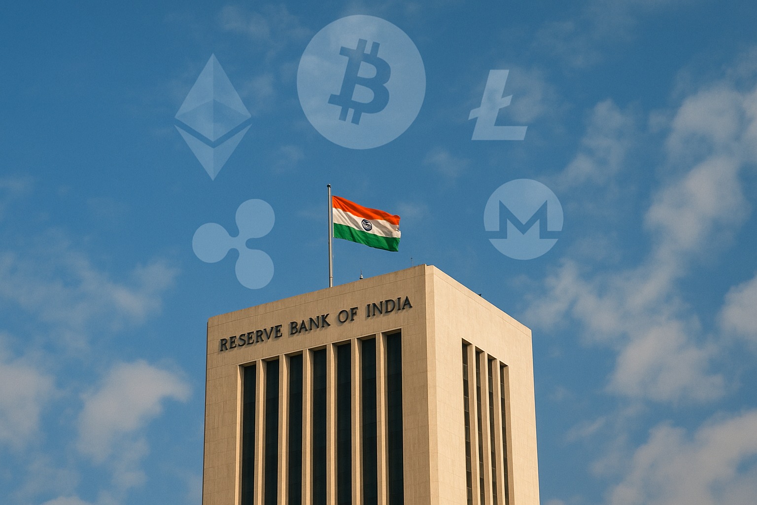 Digital crypto coin graphics over RBI building background