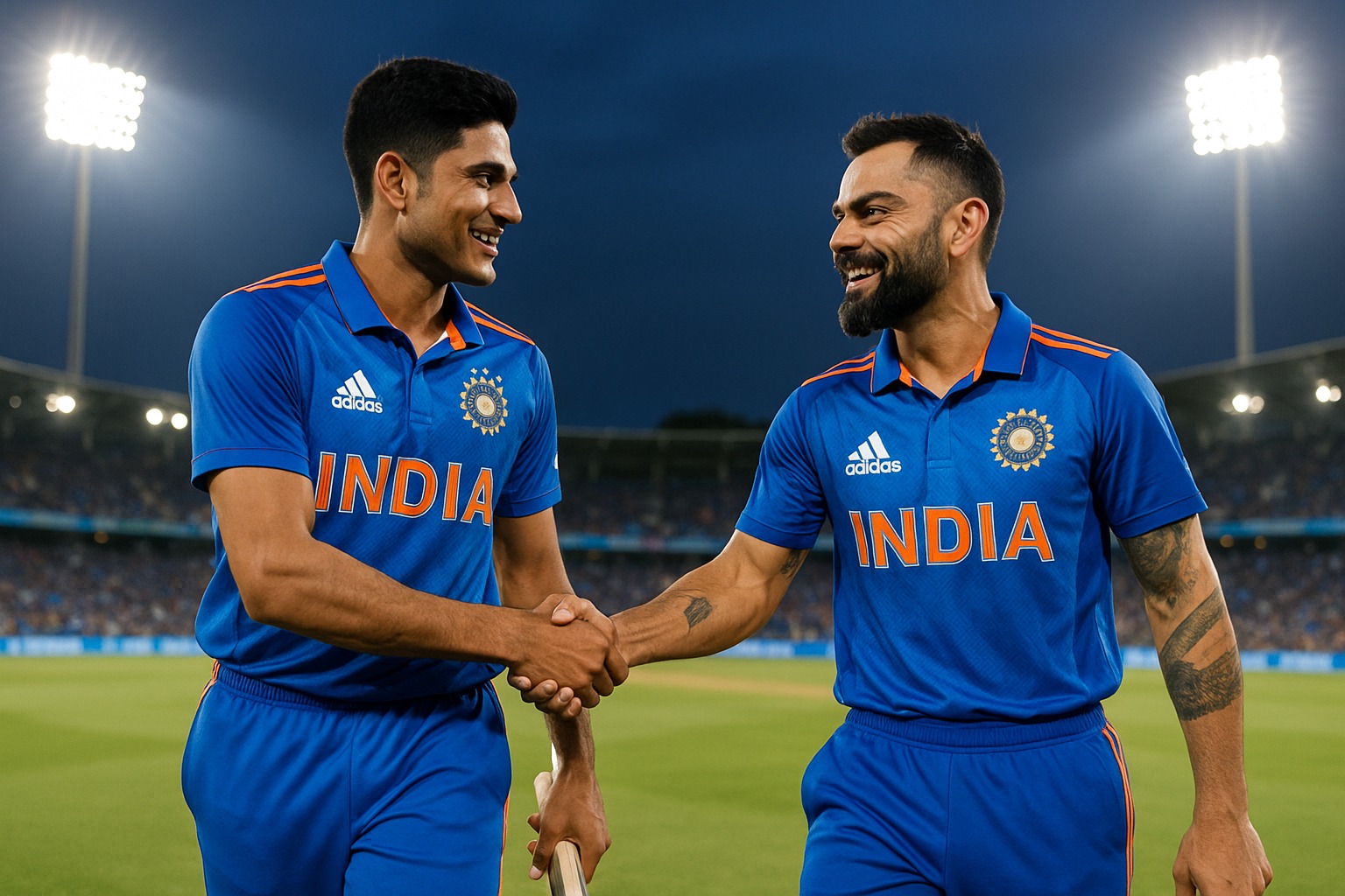 Shubman Gill and Virat Kohli sharing a light moment on cricket field