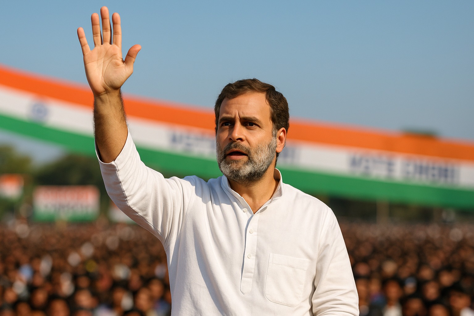 Rahul Gandhi speaking at rally, stressing vote theft as key issue