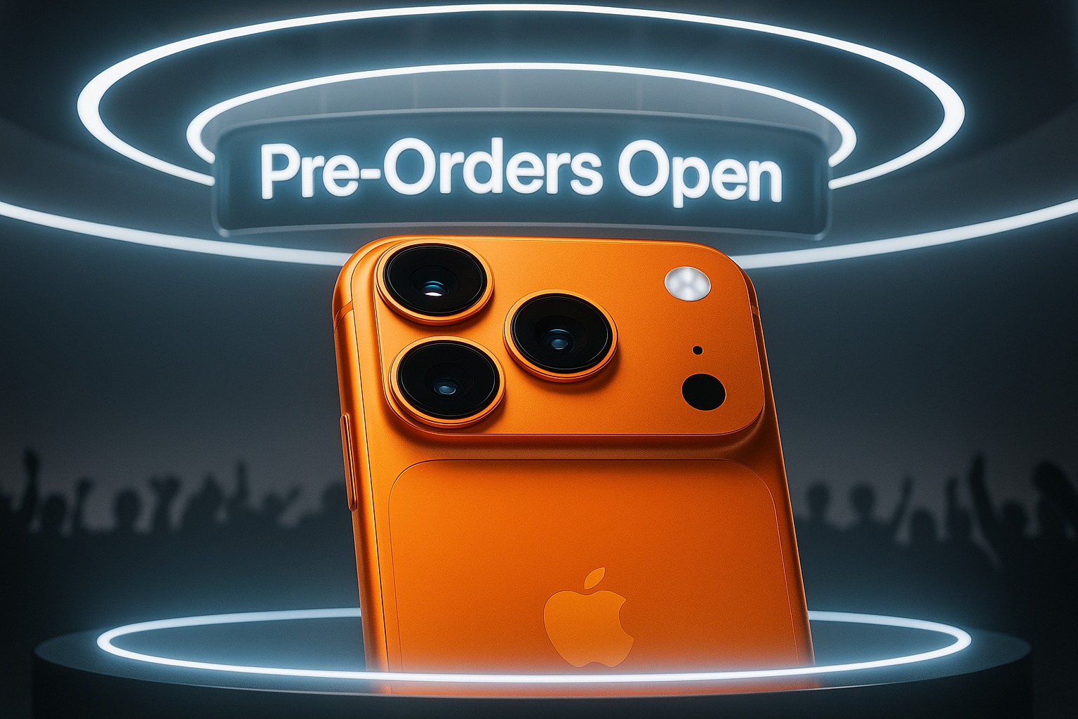 Apple iPhone 17 Pro display with crowd waiting for pre-orders