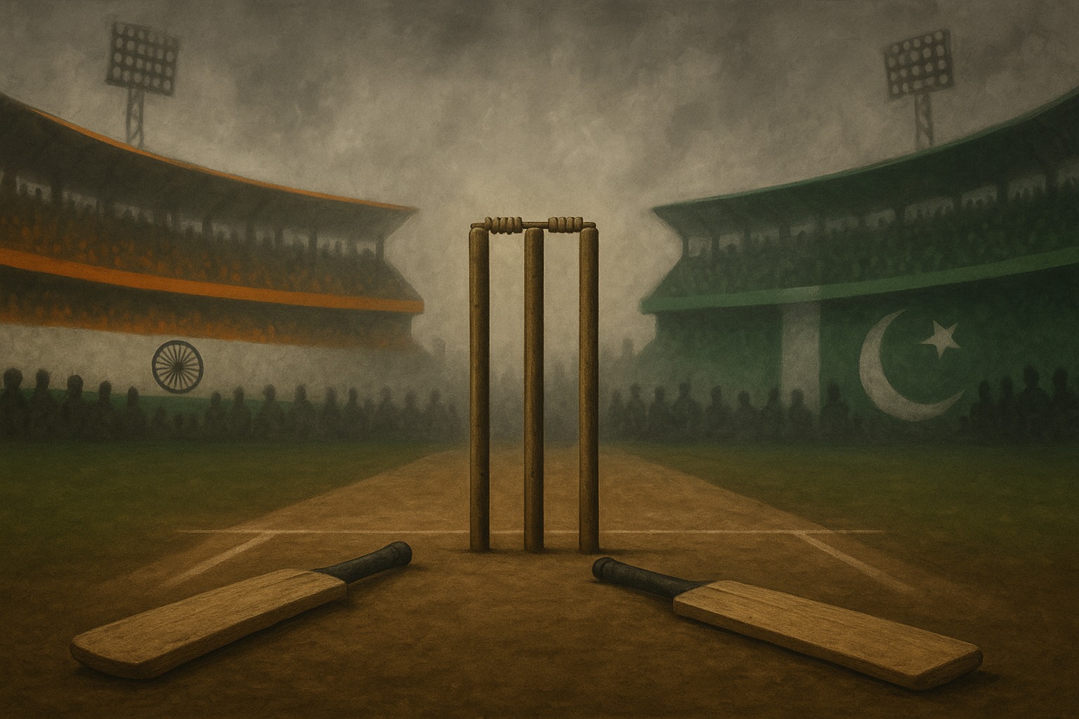 3. Cricket stumps with India and Pakistan flags symbolizing ongoing rivalry
