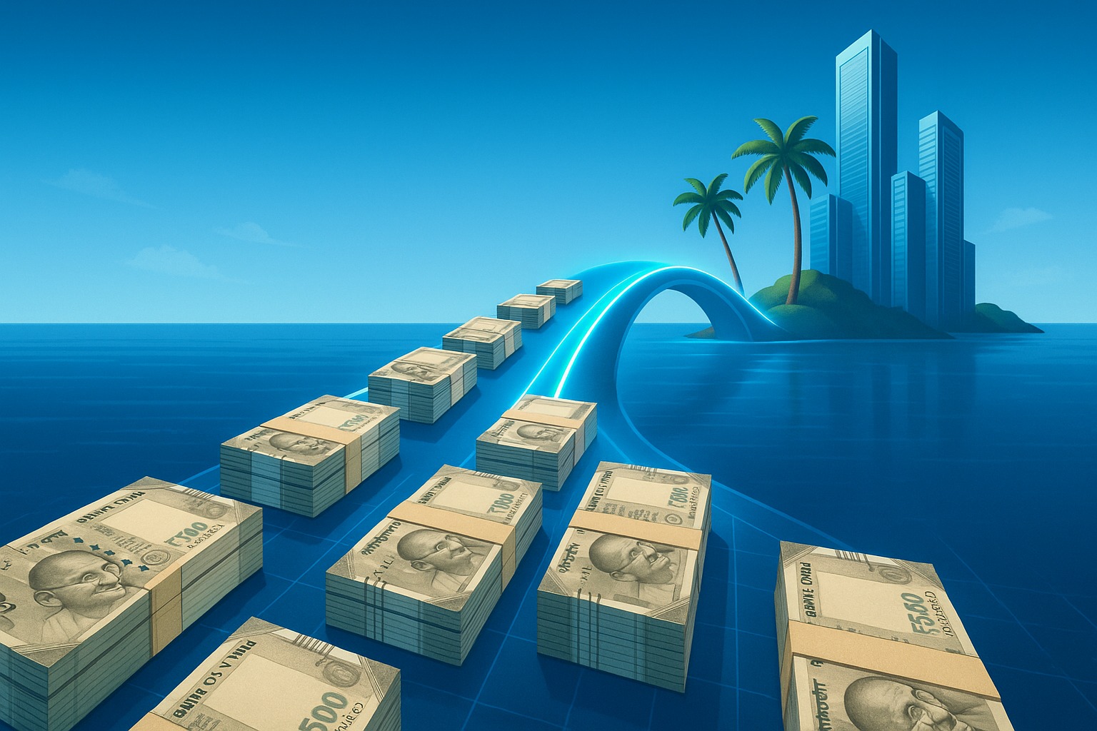 Indian rupee flowing towards offshore tax haven islands illustration