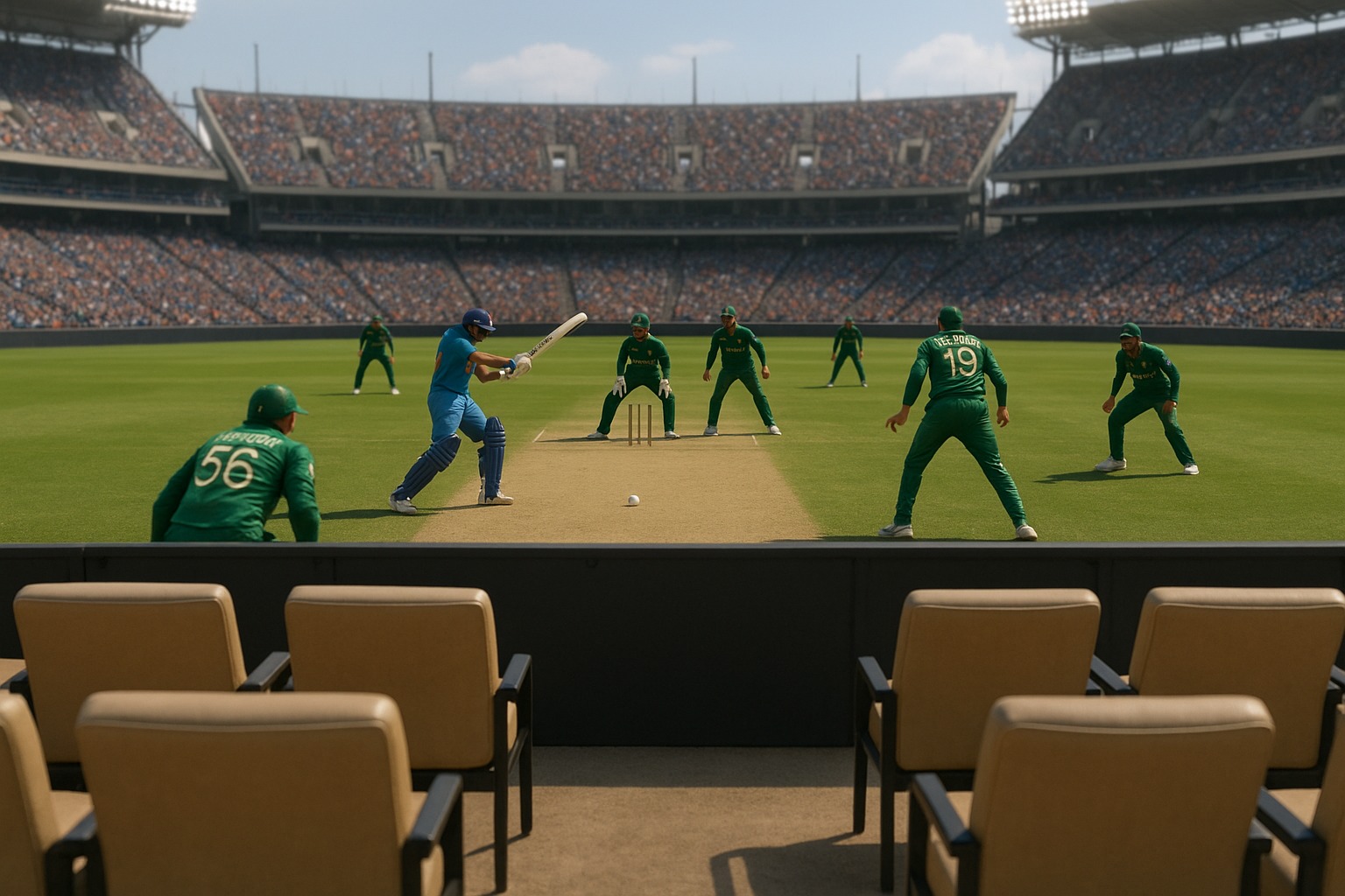 Empty BCCI seats in stadium during India-Pakistan match with players on field