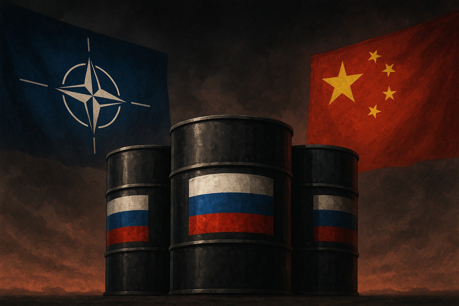 Chinese and NATO flags clashing over Russian oil barrels, symbolizing sanctions dispute