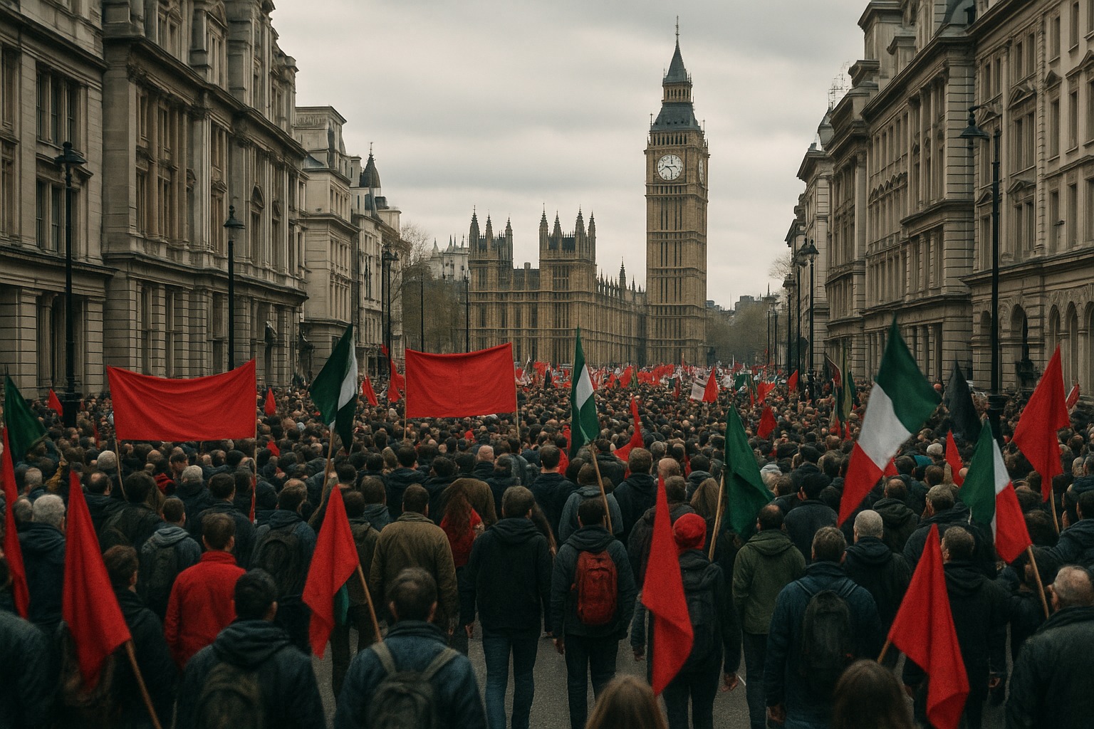 Protesters marching with anti-immigration placards in London near UK Parliament