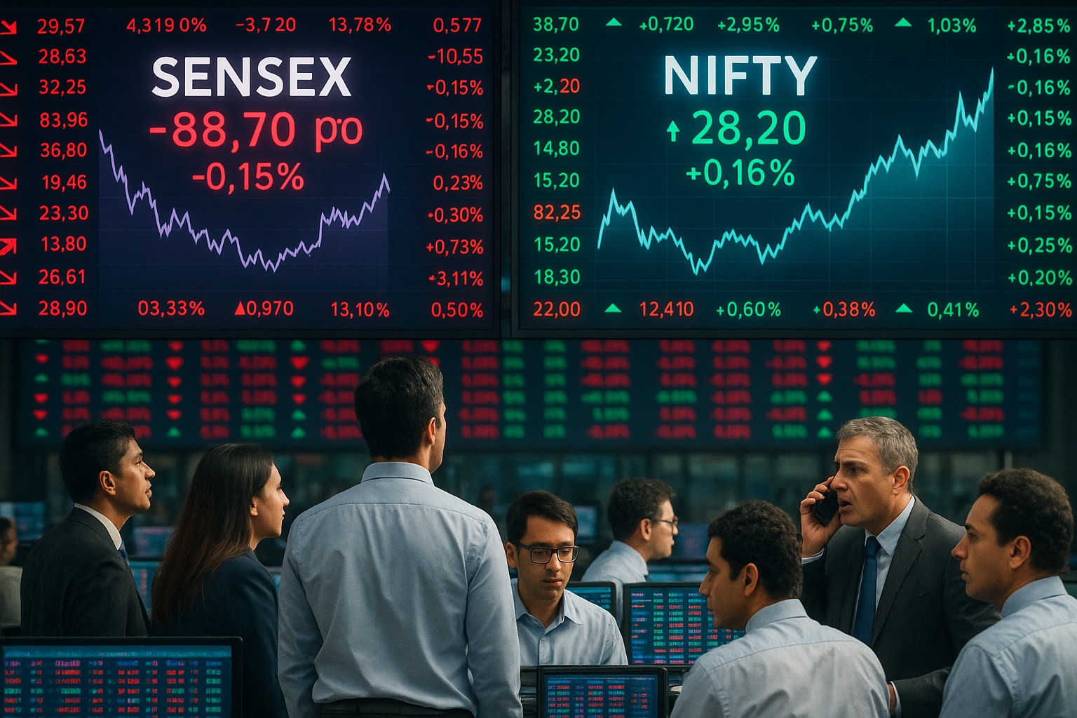 Stock market graph showing Sensex and Nifty movement on digital screen