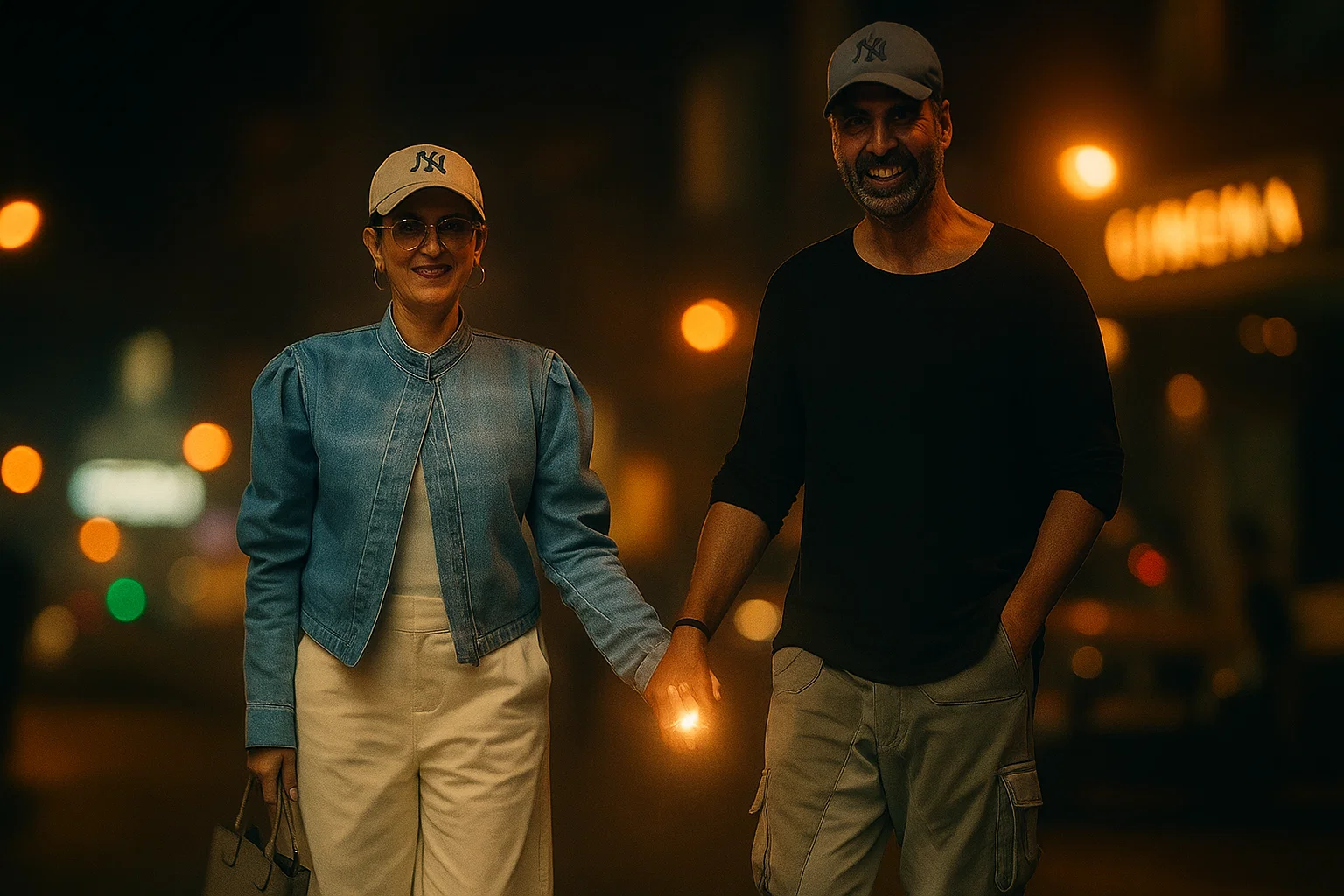 Akshay Kumar and Twinkle Khanna holding hands after Mumbai movie date, smiling for paparazzi