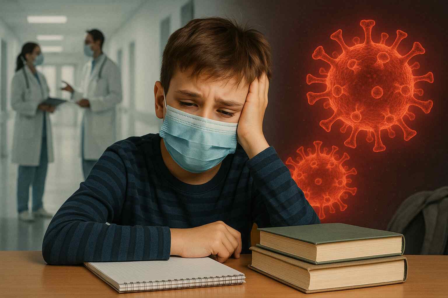 Child wearing a mask in classroom setting, symbolizing COVID prevention