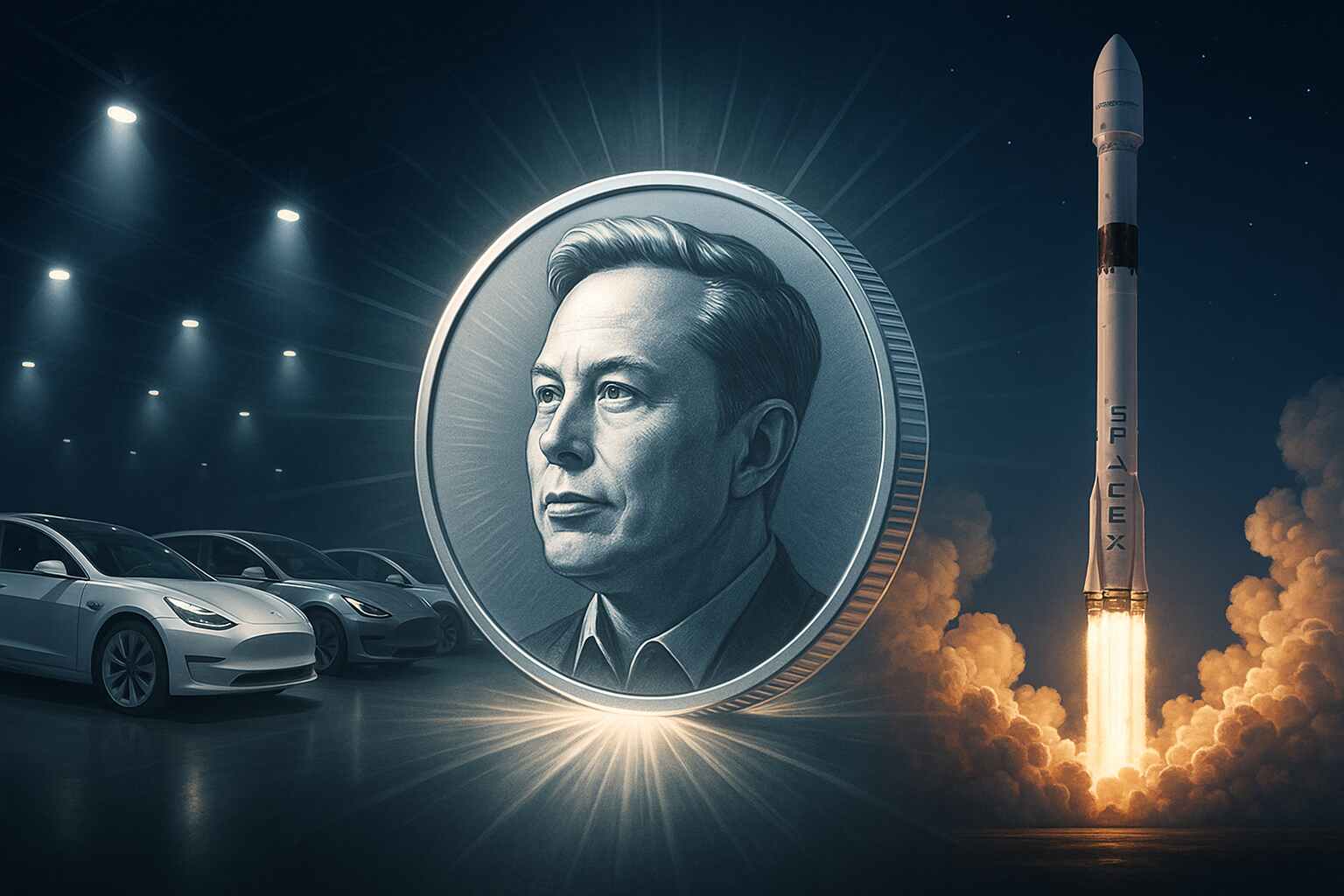 2. Silver rocket model with SpaceX logo symbolizing Musk’s space ventures.