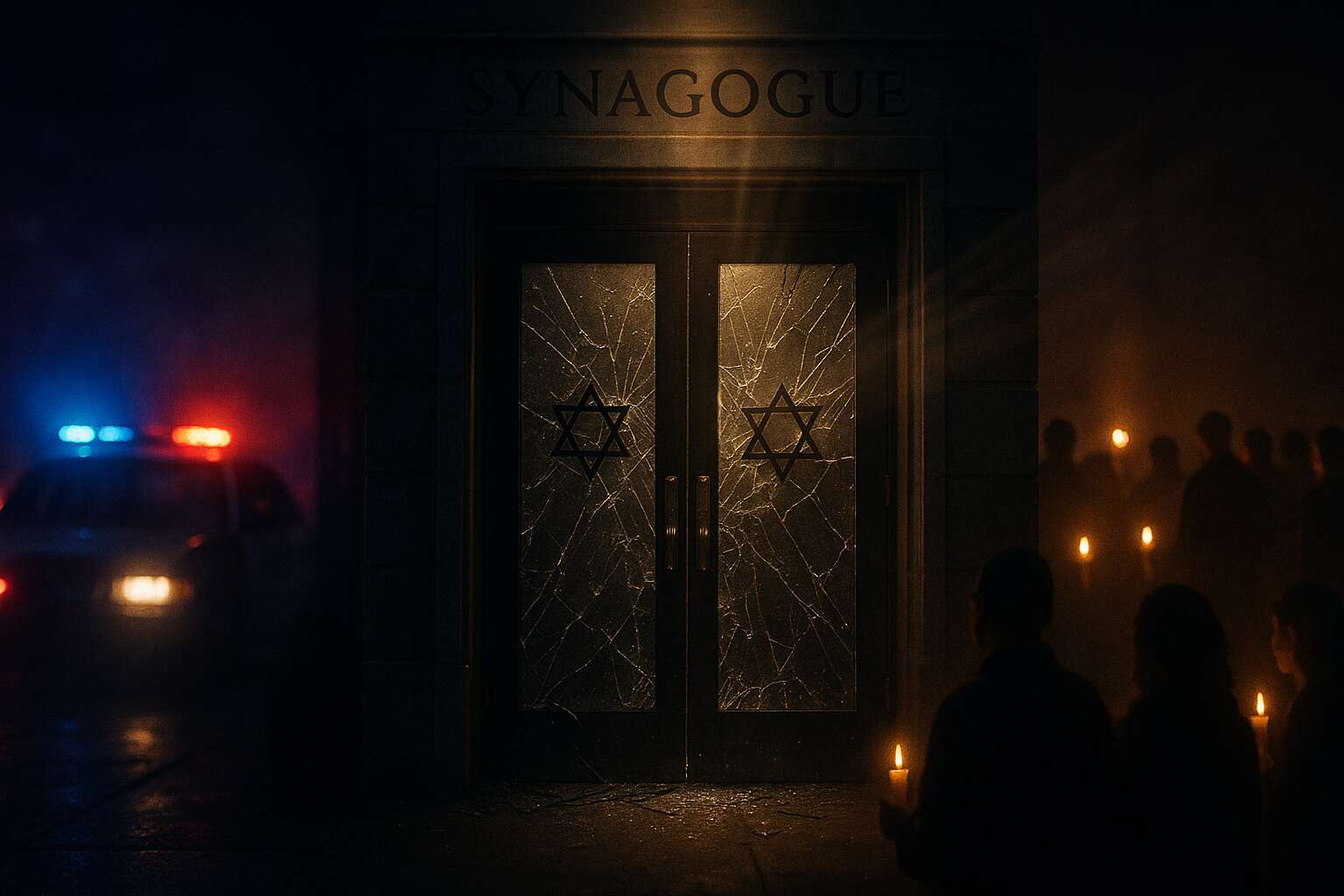 Police securing Manchester synagogue after attack, night-time scene with flashing lights